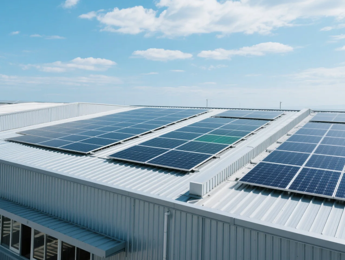 A scene of integrated solar panels on metal building roofs, emphasizing green energy conservation and sustainable development concepts.