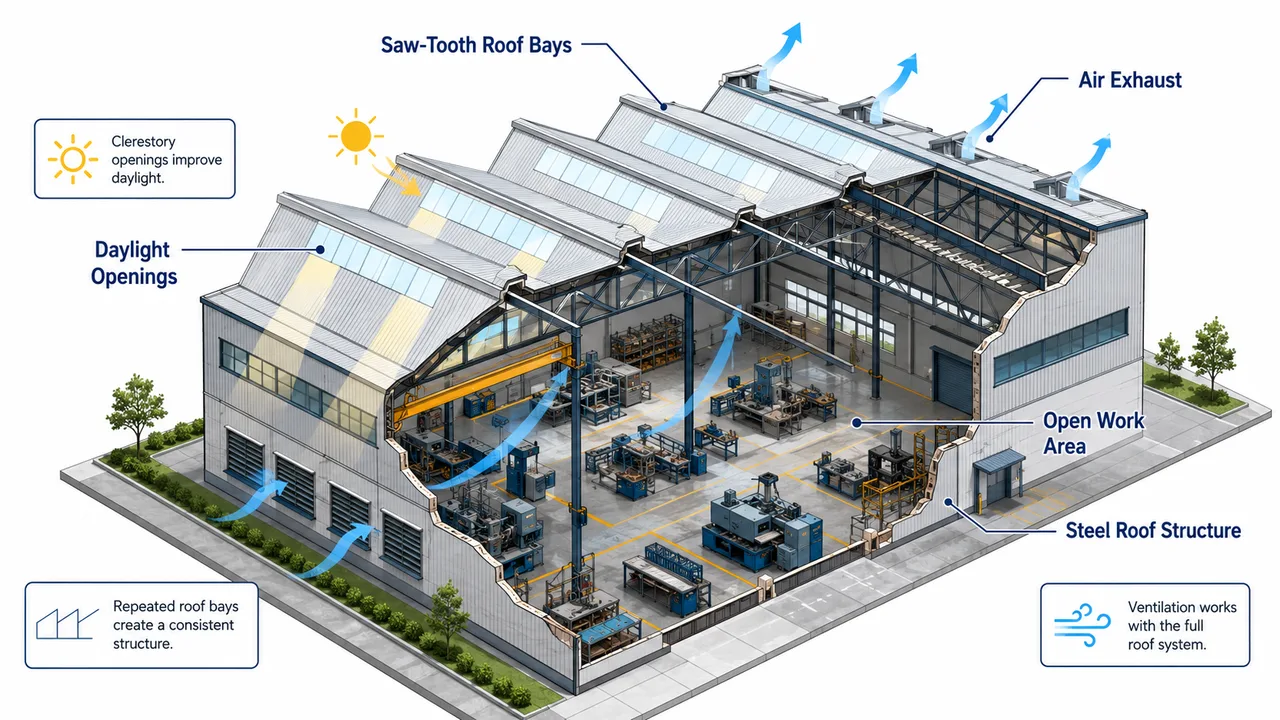 saw-tooth truss roof system